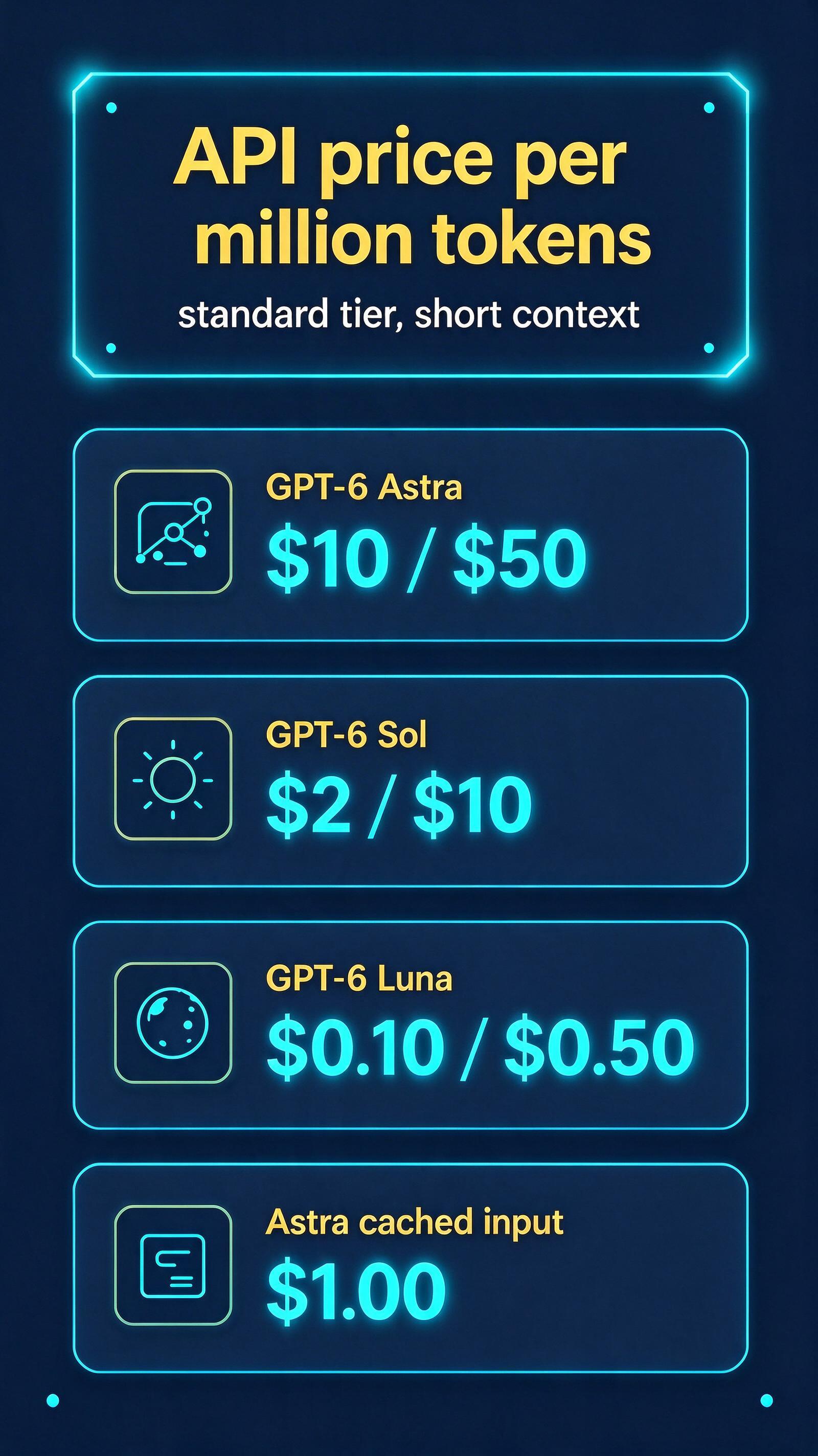 Figure: Astra at $10 and $50 per million tokens against Sol at $2 and $10 and Luna at $0.10 and $0.50, with cached input on Astra at $1.00