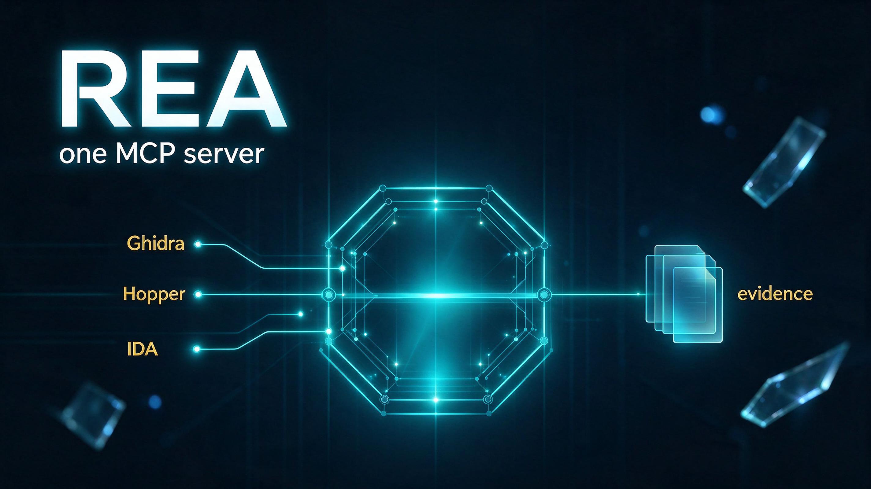 Figure: One MCP server routes an agent's questions to Ghidra, Hopper or IDA and returns evidence records rather than prose